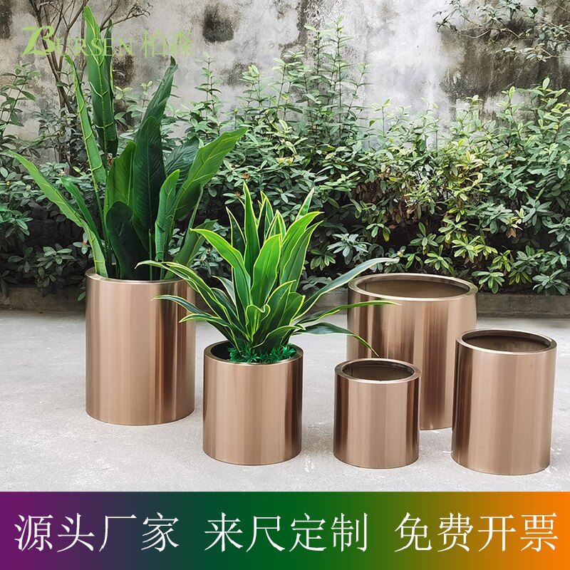 Simulation Green Plant Stainless Steel Cylinder Rose Gold Hotel Florist Plant Pelvic Women's Clothing Store Potted Prop