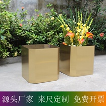 Titanium Gold Barrel Stainless Steel Flower Pot Square Flower Bowl Hotel Showroom Outdoor Flower Box Customized Bank Lobby