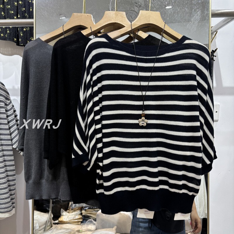 Spring and Summer New Style Women's Korean-Style Loose and Fashionable Striped Short-Sleeve Knit Top with Versatile Design Casual Sweater
