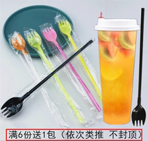 Disposable Fruit Tea fork 25cm extended fruit tea dual straw with fork handle fork spoon long spoon fruit fork