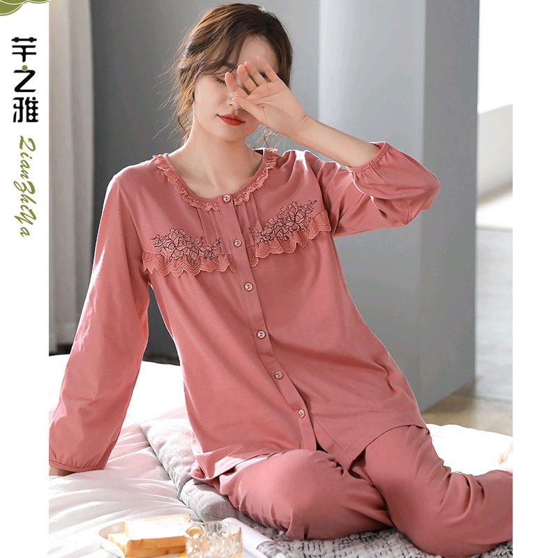 Pure Cotton Pajamas 100% Cotton Two-Piece Set Spring and Autumn Women's Knitted Long-Sleeved Women's Spring Autumn and Winter Thin Home Wear