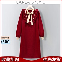 Spring large size high-end womens clothing 2021 new fat mm red knitted bottoming thin doll collar dress
