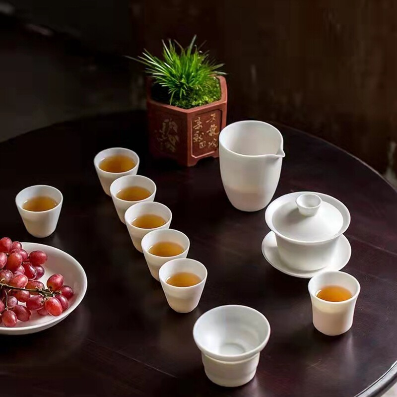 Sheep fat jade white porcelain bisque ceramic kung fu tea set home living room tea office reception cover bowl teacup