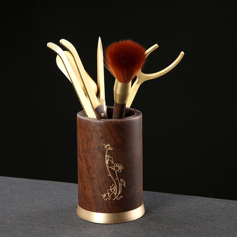 Copper Wood Tea Ceremony Six Gentlemen Solid Wood Ebony Set Copper Art Kung Fu Tea Set Accessories Daquan Tea Knife Pen Holder Tea Clip