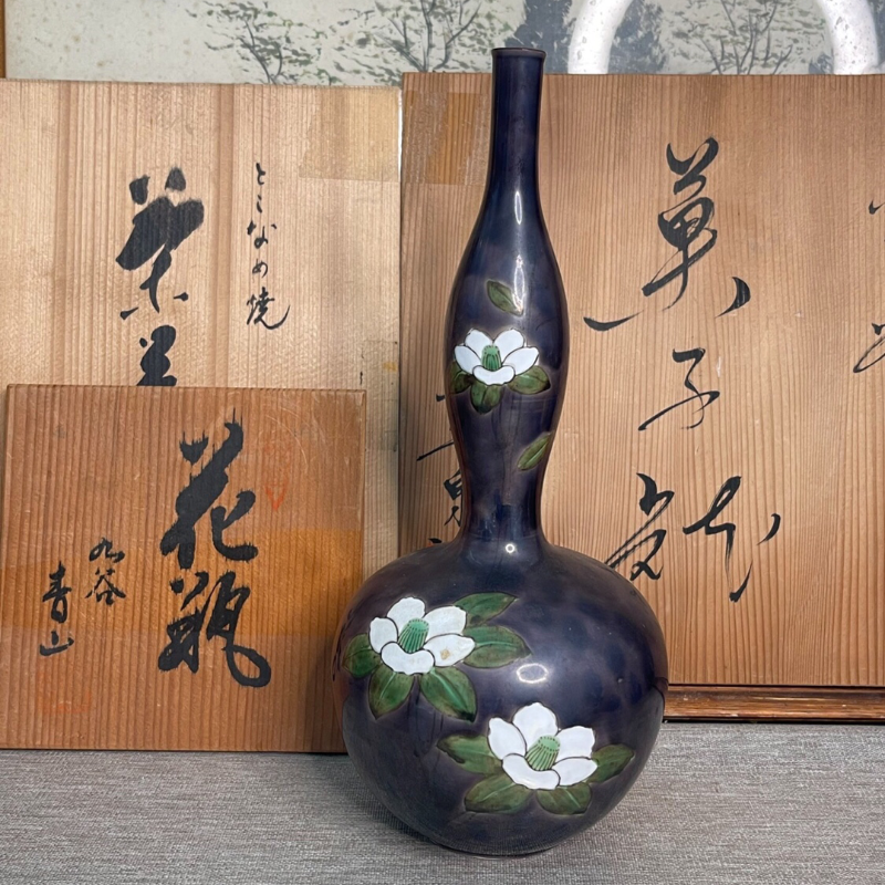 日本九谷青山作收藏级紫交趾瓢型花瓶陶瓷插花花器艺术收藏品-Taobao-Tmall