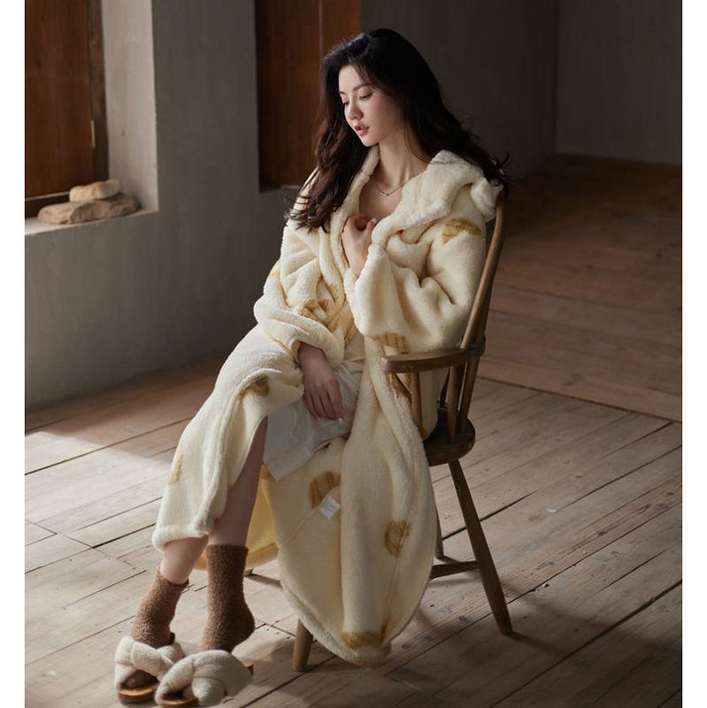 Flannel Pajamas for Women, Autumn and Winter Coral Velvet Nightgown, Thickeneded Long Home Clothes, Hooded Bathrobe Jacket Flannel Pajamas for Women, Autumn and Winter Coral Velvet Nightgown, Thickeneded Long Home Clothes, Hooded Bathrobe Jacket