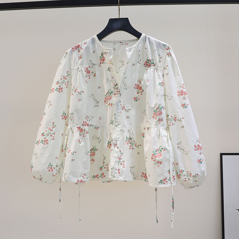 Early Autumn Korean Style Babydoll Shirt with Tie Waist, Round Neck, Long Sleeves, Loose Shirt, Sweet Floral Top, Age-Reducing Shirt