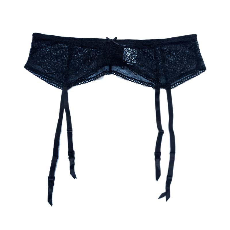 Black Women's Solid Color Bow Lace Metal Buckle Sexy Stockings Garter Belt Ga1948