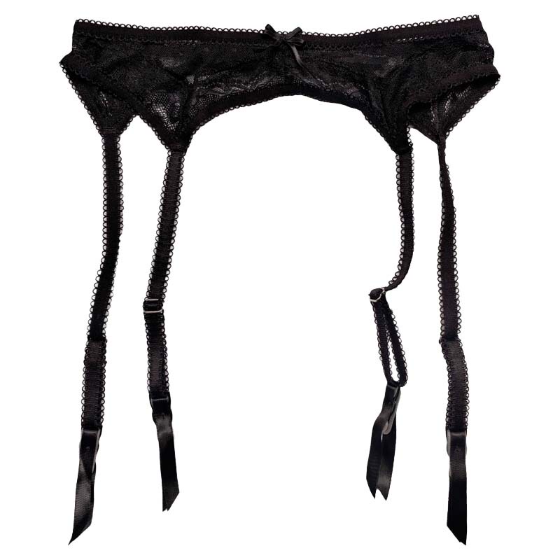 Black Women's Solid Color Lace-Trimmed Mesh Bowknot Metal Buckle Sexy Stockings Garter Belt Ga1880