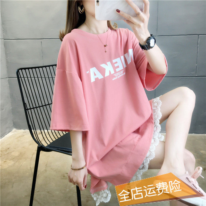 Pregnancy women's dress T-shirt Summer 2020 new short sleeves Long version lace splicing Korean version of pure cotton pregnant woman Nehitch summer