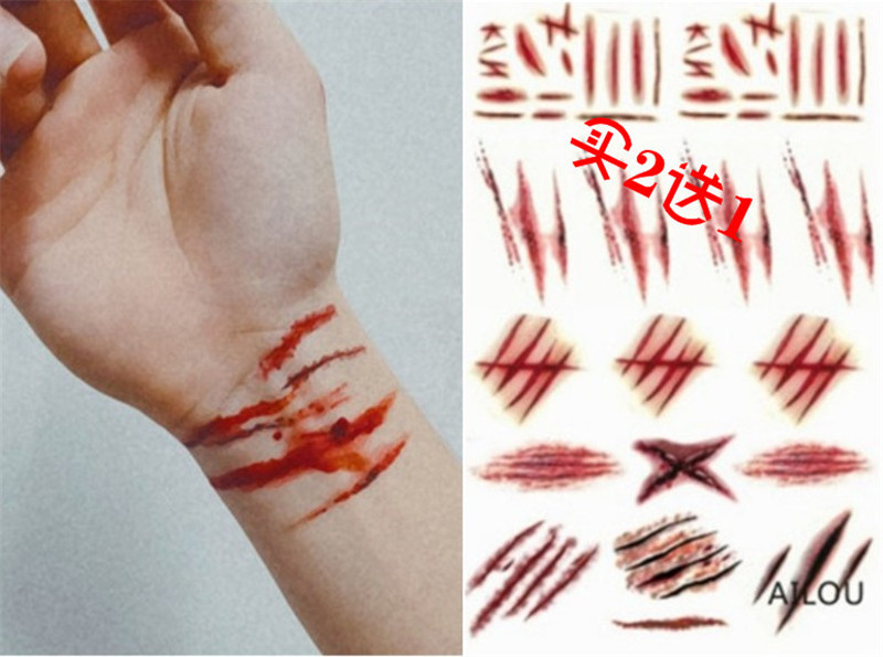 Halloween Tattoo Stickers Wrist Cut Realistic Horror Bleeding Fake Wound Stitches Scar Stickers Scar Bar