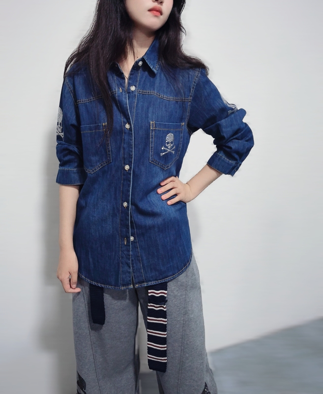 Trendy American Hip-Hop Skull Denim Shirt for Women, New Spring and Autumn Top, Jacket, Base Shirt, Denim Clothing