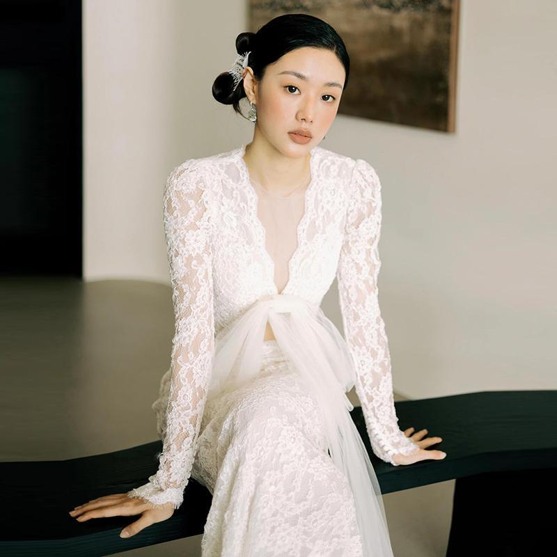 Long-Sleeved Light Wedding Dress, French-Style High-End Lace, Super Fairy-Like Going-Out Dress, Wedding Backless Fishtail Engagement Dress