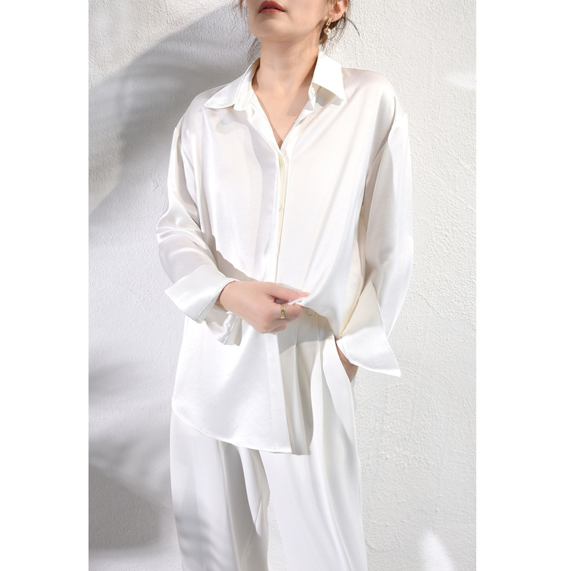 High-End Double-Sided Triacetate Shirt for Women, Large Size, Loose, Lazy Style, Drapey Satin Layered Black and White Shirt