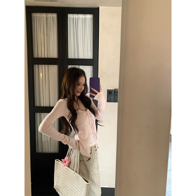 2026 New Model·Korean-Style Design Fake Two-Piece Versatile Long-Sleeve T-Shirt for Women with Bow Tie Lace-Up Top and Lace V-Neck