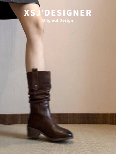 British Style Chunky High-Heeled Boots, Genuine Leather Mid-Calf Boots, Brown Western Cowboy Boots, Mid-Heel Riding Boots, Martin Boots