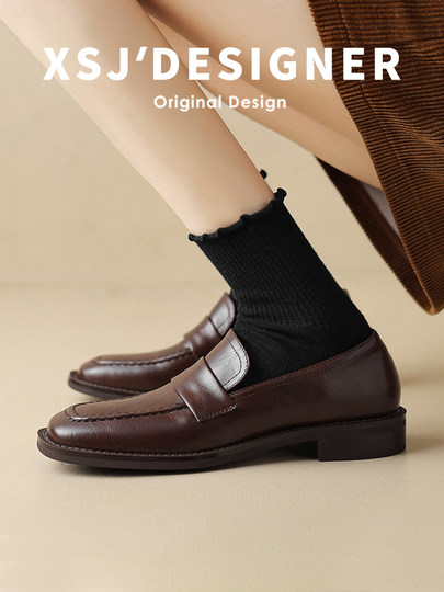 French-Style Genuine Leather Loafers for Women, Square-Toe, Retro British Style, Slip-On, Soft Leather, Flat-Soled Shoes for Commuting