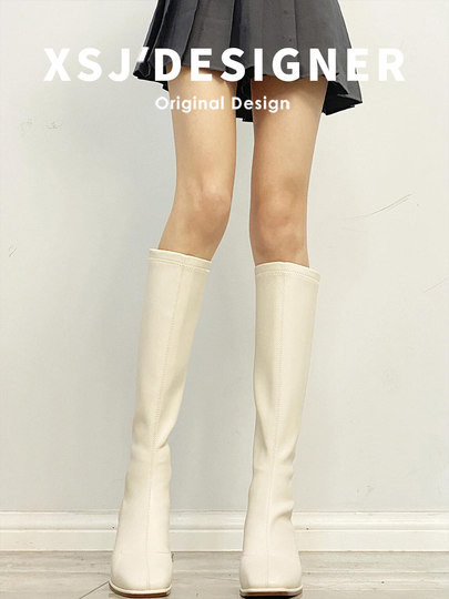 Autumn and Winter Genuine Leather Chunky Heel Long Boots for Women, Slimming High Boots, Over-The-Knee Elastic Soft Leather Slim Boots, Riding Boots