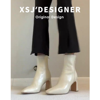 Autumn and Winter Genuine Leather French-Style White Chunky Heel Short Boots for Women, Square Toe, Elegant, Stretchy Slim Boots, Gentle High-Heeled Martin Boots