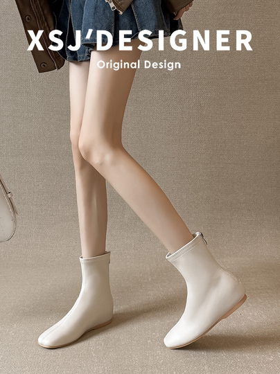 Genuine Leather Slim Boots for Women, Winter Height-Increasing Ankle Boots, Elastic Flat Short Boots, Soft Cowhide Back Zipper Slimming Single Boots