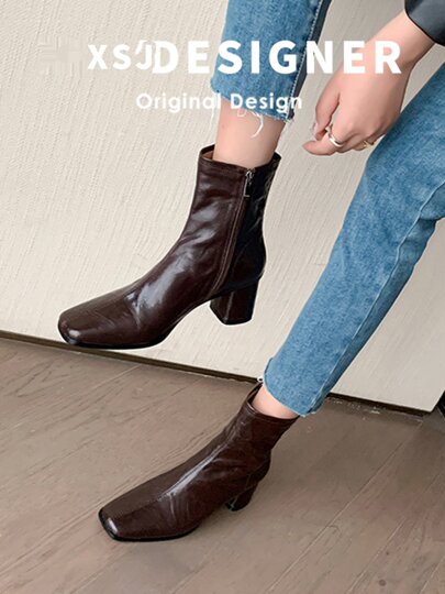 Genuine Leather Chunky Heel Short Boots for Women, Square Toe, 2025 New Spring and Autumn Single Boots, Retro High-Heeled Martin Boots, Chelsea Slim Boots