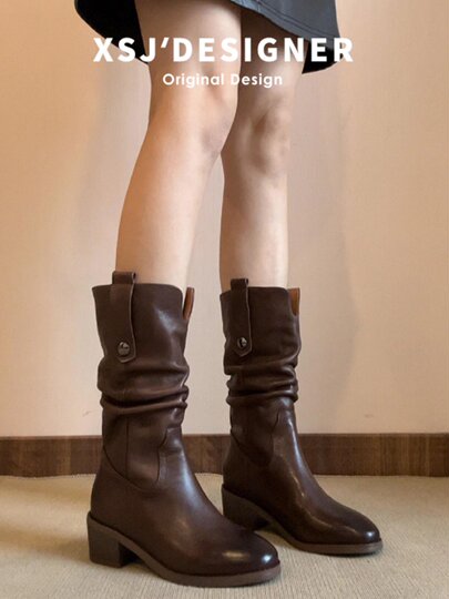 British Style Chunky High-Heeled Boots, Genuine Leather Mid-Calf Boots, Brown Western Cowboy Boots, Mid-Heel Riding Boots, Martin Boots