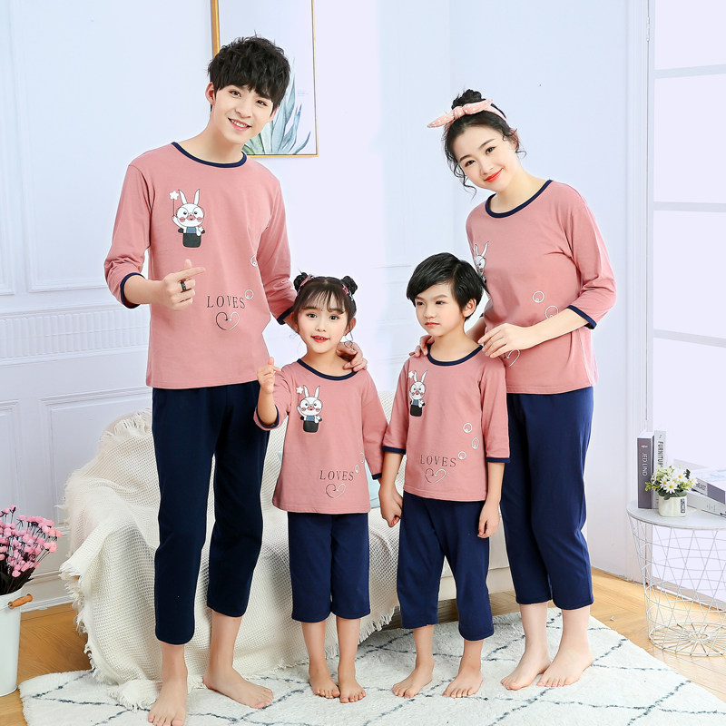 Parent-child sleepwear family of three-mouth clothing Summer men's pure cotton thin section Women's spring and autumn CUHK Tong Home Clothing Air Conditioning Suit Suit