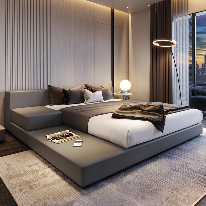 Nordic light luxury technology fabric bed modern minimalist master bedroom big bed floor Italian minimalist platform low bed tatami