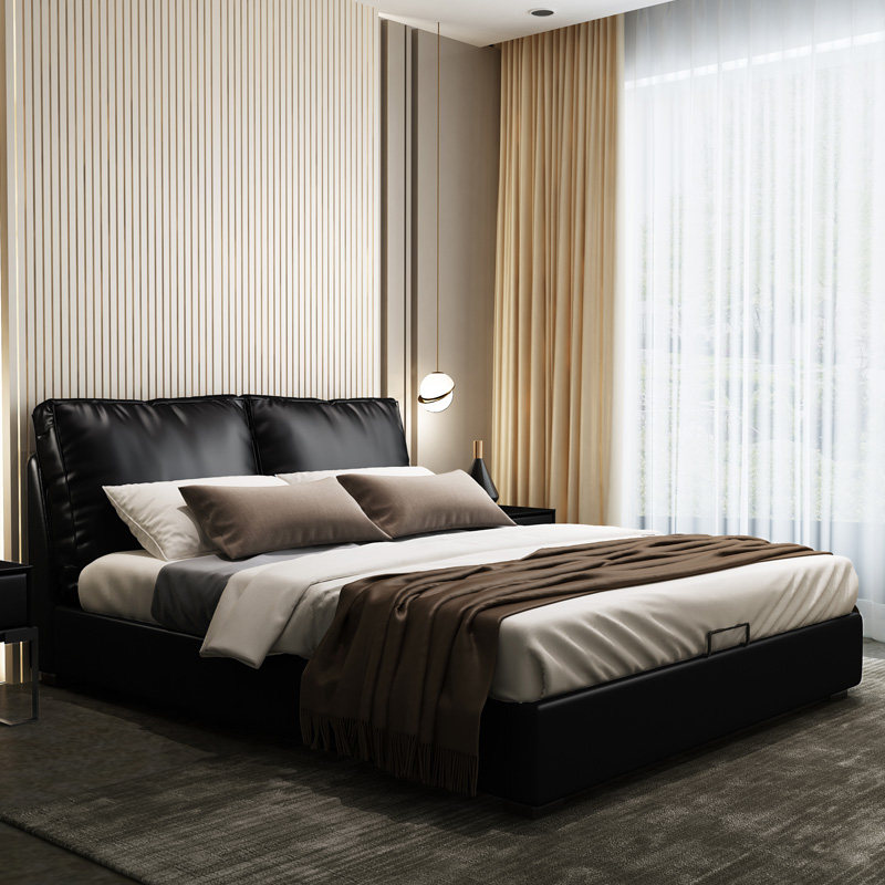 Italian Minimalist Genuine Leather Bed Modern Minimalist Light Extravagant Bed Master Bedroom double soft bunk bed Small family Nordic net red wedding bed