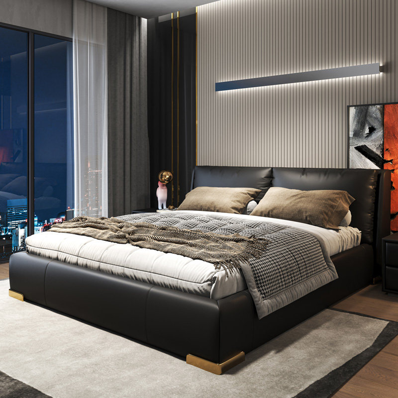 Italian light luxury bed Master bedroom Leather bed Nordic industrial style Modern simple double bed High-end atmospheric soft bag bed