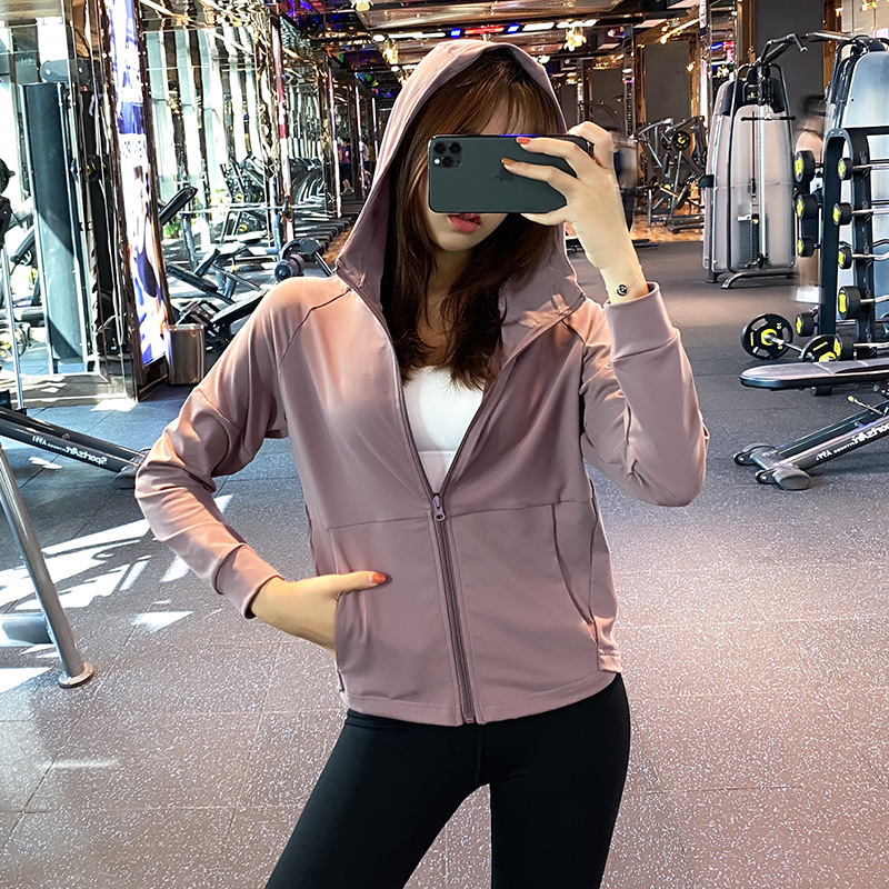 Loose sports jacket female hooded handsome zipper cardigan yoga jacket running quick dry fitness long sleeve spring and autumn