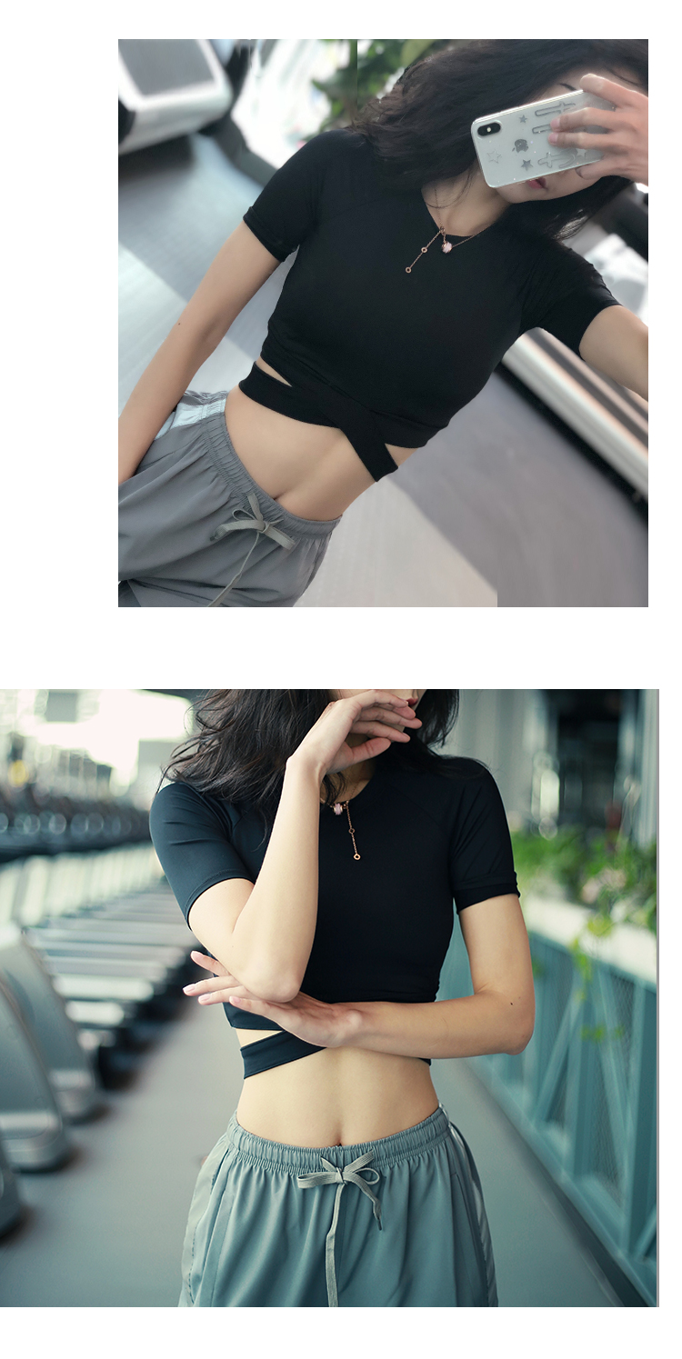 Navel thể thao ngắn tay nữ tập thể dục áo thun chạy nhanh quần áo yoga quần áo thun co giãn một nửa tay áo mùa hè thoáng khí áo thun thể thao adidas
