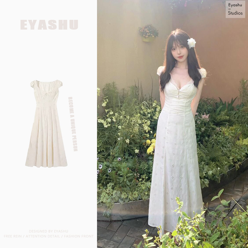 Summer French-Style High-End Gentle and Elegant Slim-Fit Waist-Cinching White Hollow-Out Embroidered Long Dress with a Sense of Design