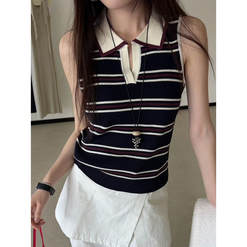 Striped Knit Sweater for Women, Summer Color-Block Polo Collar Sleeveless Top, Old Money Style Outerwear