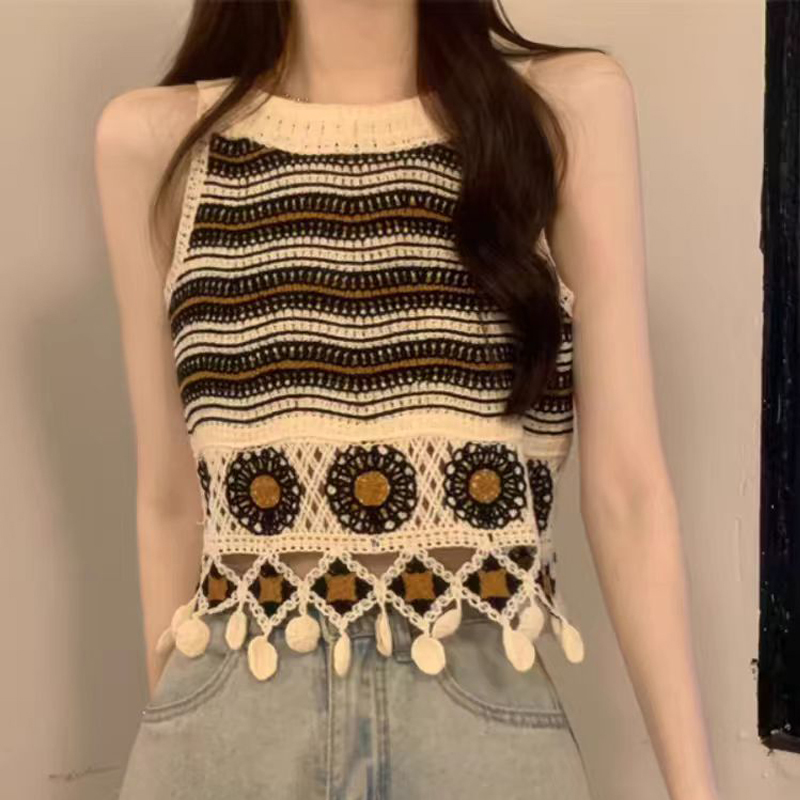 Hollow Striped Tassel Camisole for Women, Summer Sleeveless Outerwear, Ethnic Style Bohemian Jazz Top