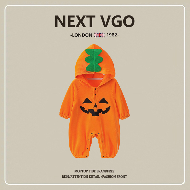 British Next Vgo Halloween Baby Onesie Pure Cotton Autumn and Winter Baby Hundred-Day Pumpkin Romper Funny Outing Outfit