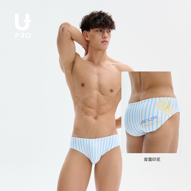 Upro Yopu Blue Striped Lemon Pomelo Print Triangle Swim Trunks Summer Love Love in Summer Men's Swimwear Upro Yopu Blue Striped Lemon Pomelo Print Triangle Swim Trunks Summer Love Love in Summer Men's Swimwear