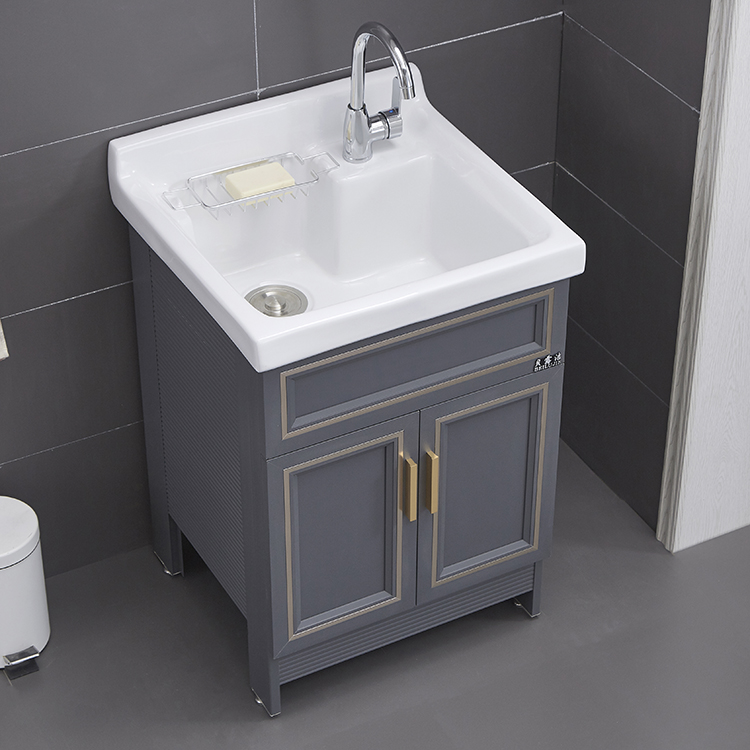 Custom light luxury balcony laundry cabinet one-piece ceramic basin Aluminum alloy balcony clamshell wave wheel washing machine cabinet single cabinet