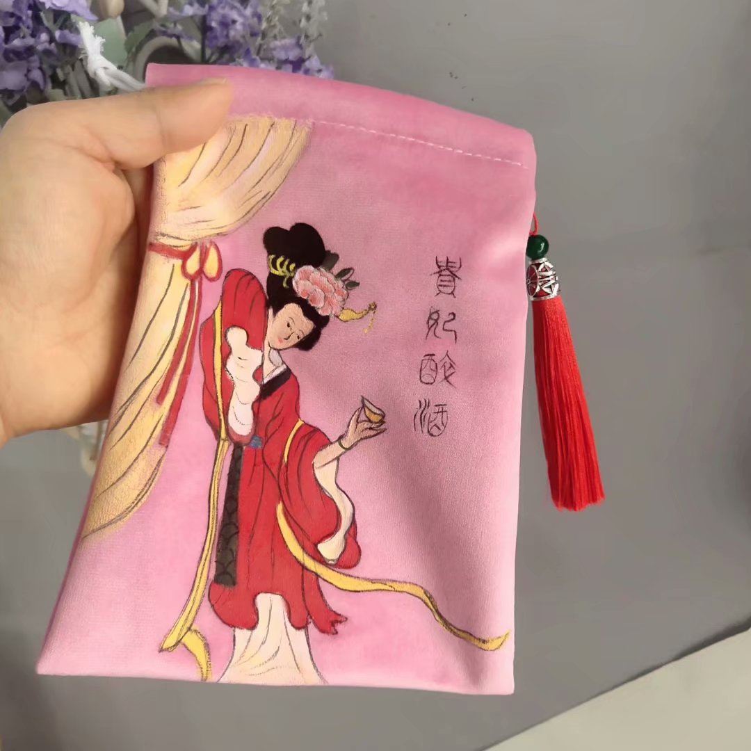 Pure hand-painted guzheng nail storage bag ancient style cotton and linen material coin purse four beauties painting Zen custom