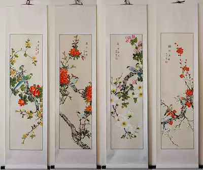 Meticulous flower and bird painting four-screen pure hand-painted authentic calligraphy and painting living room Chinese painting and calligraphy works meticulous painting has been mounted