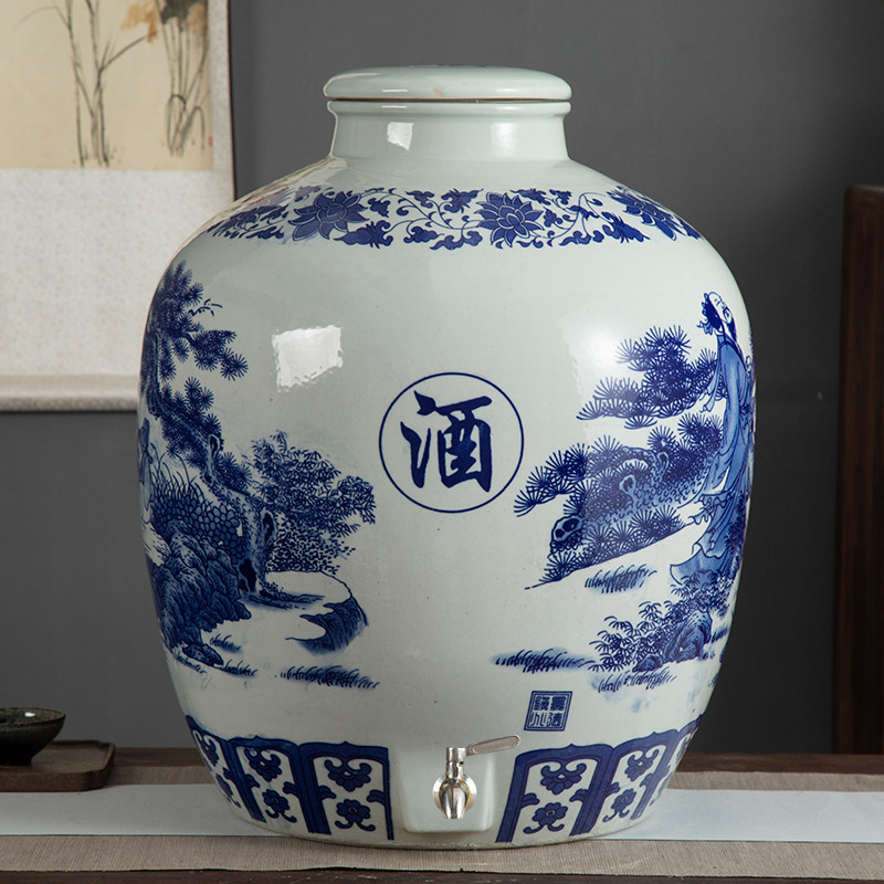 Jingdezhen ceramic wine jar big mouth sealed blue and white porcelain bubble wine tank 50 catties 100 catties 150 catties kiln storage wine tank