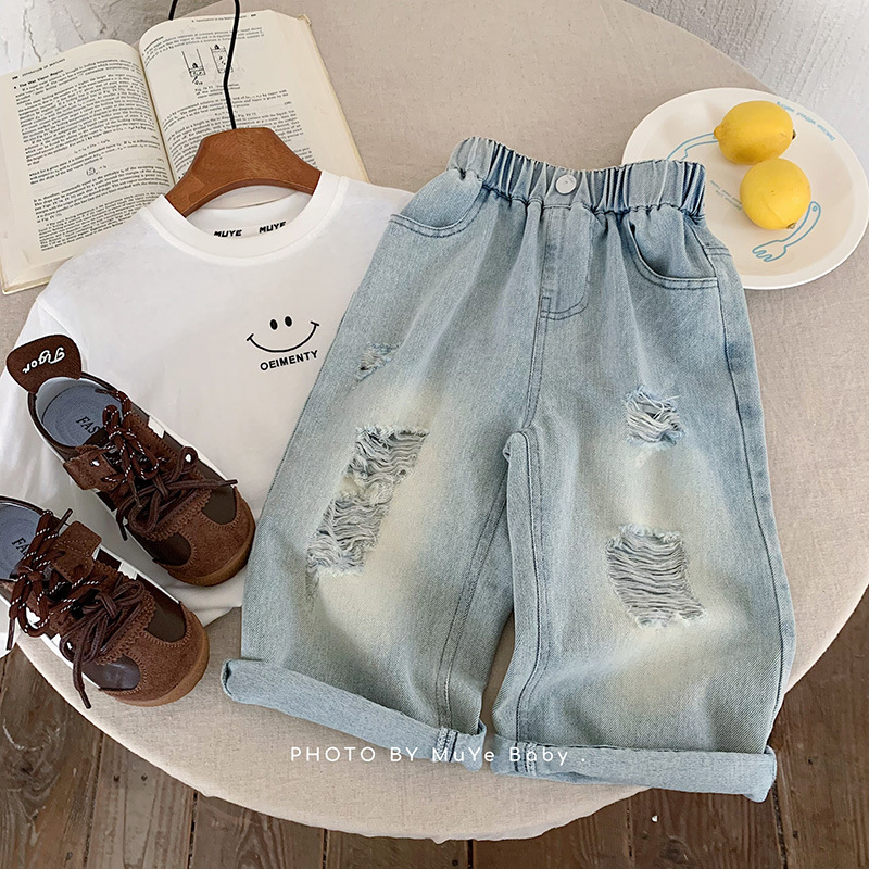 2026 Children's Spring Light-Colored Ripped Jeans American Style Boys' Floor-Length Pants Loose Straight Pants Girls' Long Pants Trendy