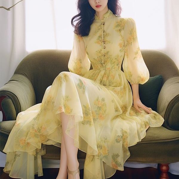New Chinese Style, High-End, Super Good-Looking, Niche Design, Puff Sleeves, Yellow Floral Chiffon Dress, Spring and Summer