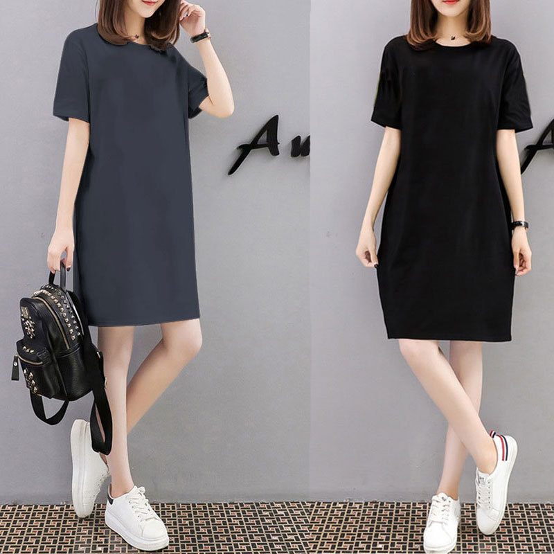 Pure Cotton Short-Sleeved T-Shirt Dress, Korean Style, Plus Size, Simple, ins Fashionable Mid-Length Slim-Fit Dress for Women, Slimming, Summer