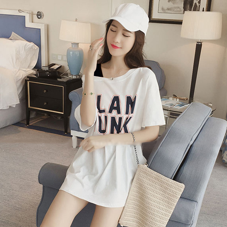 Summer Short-Sleeved Plus-Size Pajamas, Feminine Suspender Lettered Off-Shoulder Nightgown, Loose Cotton Outerwear, Home Wear