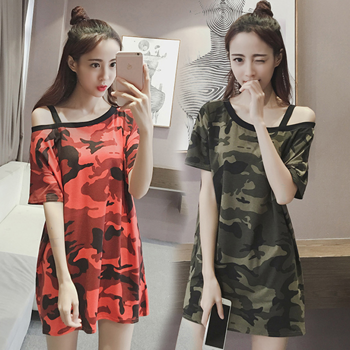Sexy Off-Shoulder Camisole Pajamas, Camouflage Mid-Length One-Shoulder Short-Sleeve T-Shirt, Navy Style Dress, Loungewear for Summer