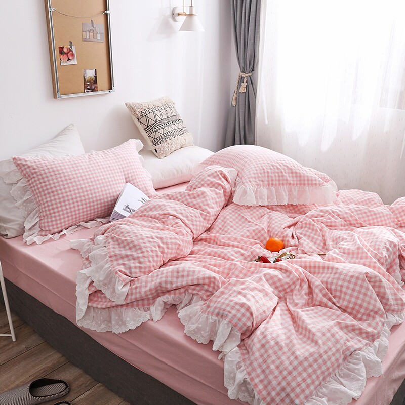 ins full cotton washed cotton bed four pieces of cover mesh red teenage girl hearts pink plaid lace lace lace small clear new quilt cover
