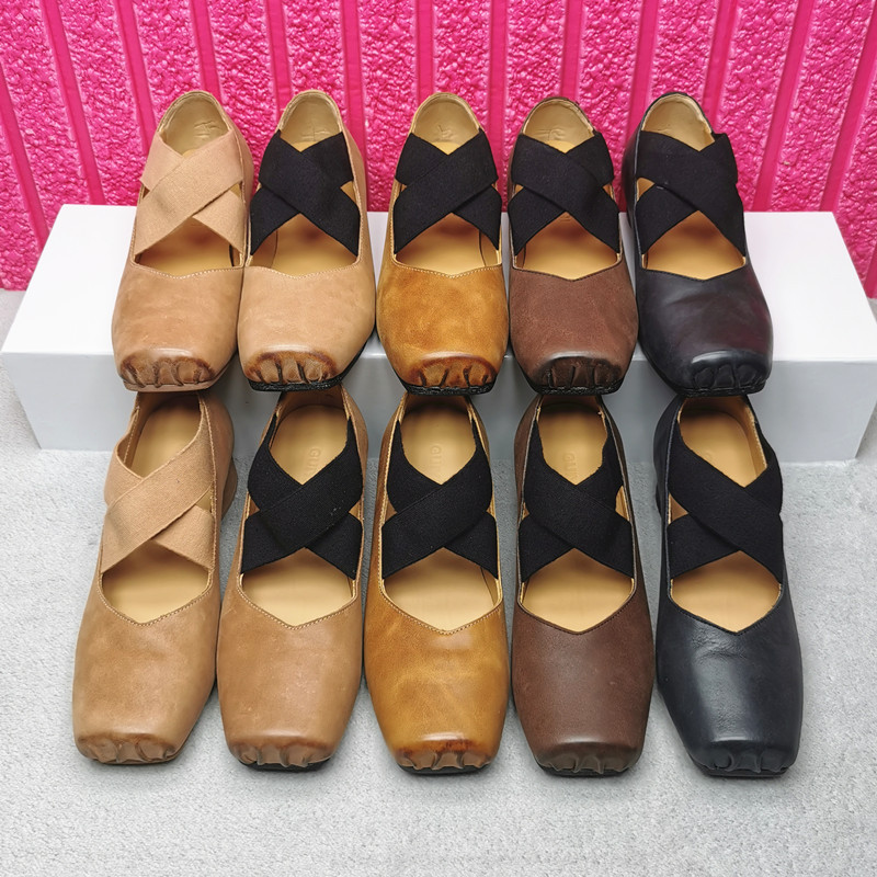 Retro Cross-Strap Thick-Heeled Flats, Pig-Nose Square-Toe Mary Jane Mid-Heel Women's Shoes, Uma Strappy Ballet Shoes
