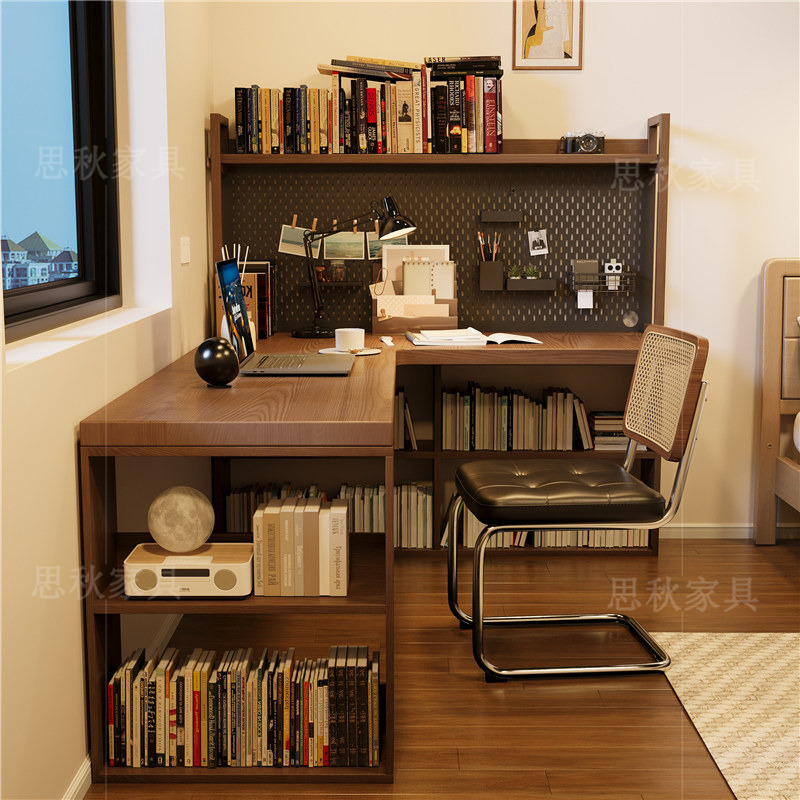 All Solid Wood Corner Desk with Integrated Bookshelf, L-Shaped Computer Desk for Bedroom, Home Writing Desk, Corner Workstation