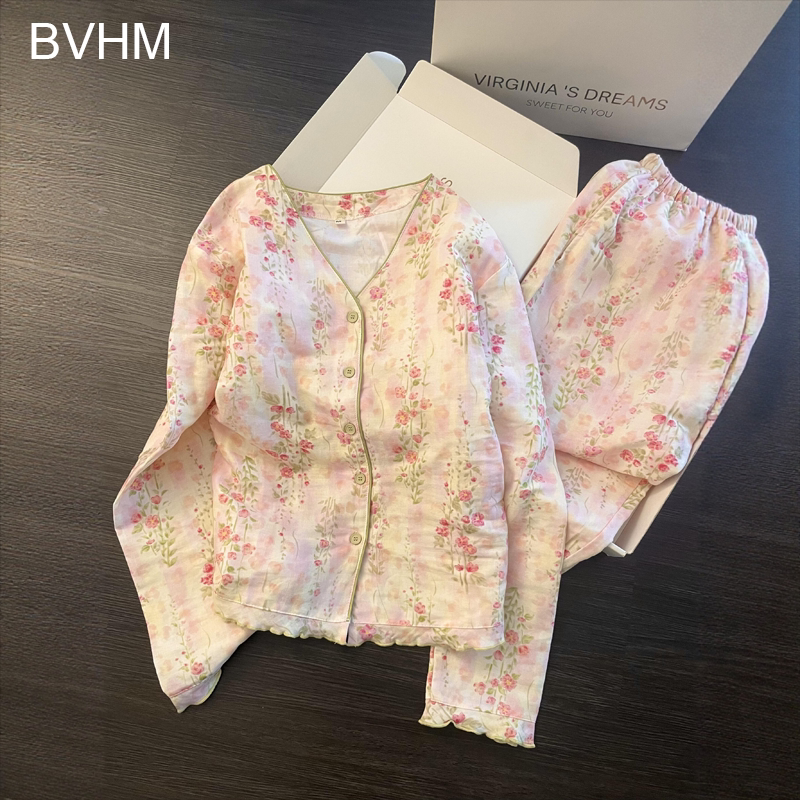 Victorian Style Pure Cotton Pajamas for Women 2026 New Autumn Sweet Floral Long-Sleeved Cotton Gauze Home Wear Set Victorian Style Pure Cotton Pajamas for Women 2026 New Autumn Sweet Floral Long-Sleeved Cotton Gauze Home Wear Set